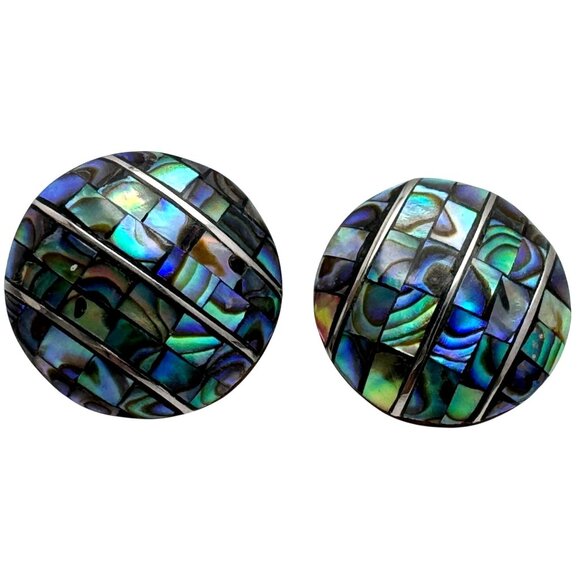 Abalone Shell Round Circle Stud Earrings 5/8 Inch Diameter Vibrant - Picture 1 of 6